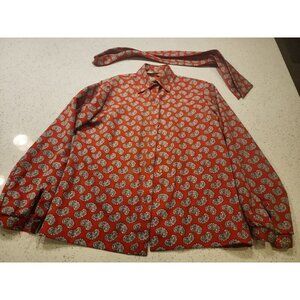 Lady Arrow Blouse Shirt Top Small Scarf Long Sleeve Button Front Red Paisley